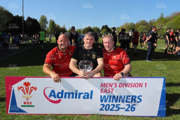 250426 - Blaina v Bedlinog - Admiral National League 1 East - Blaina RFC captains Michael John (middle in black), Tomas Speary (l) & Cobi Edwards (vice captain on right), with trophy after winning the league