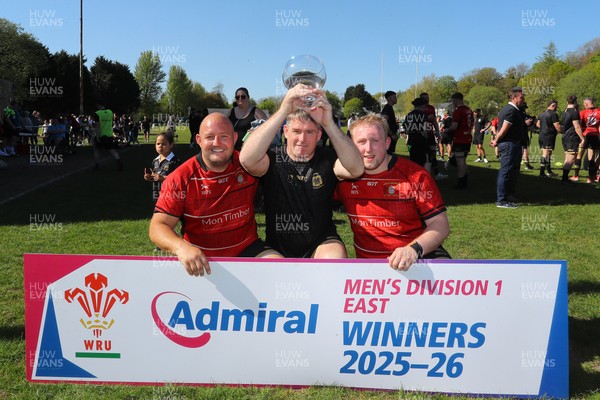 250426 - Blaina v Bedlinog - Admiral National League 1 East - Blaina RFC captains Michael John (middle in black), Tomas Speary (l) & Cobi Edwards (vice captain on right), with trophy after winning the league