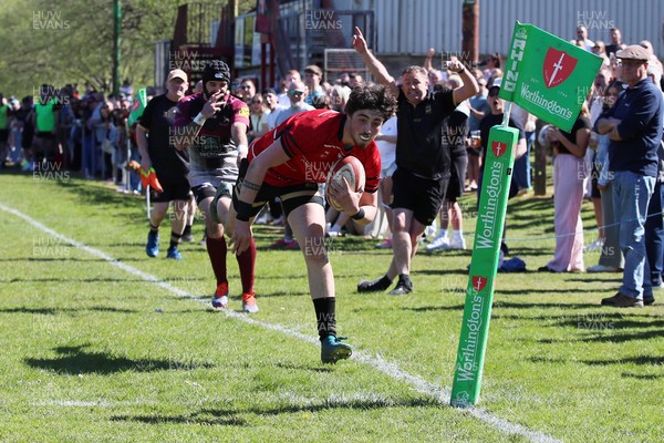 250426 - Blaina v Bedlinog - Admiral National League 1 East - Regan Watkins of Blaina RFC dives in the corner to score a try in 2nd half 