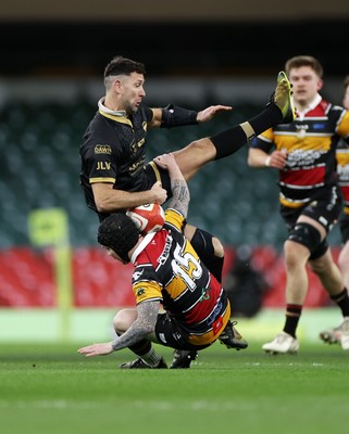 120426 - Blaina v Abercrave - Mens Division One Cup Final - Richard Powell of Blaina is tackled by Steffan Castle