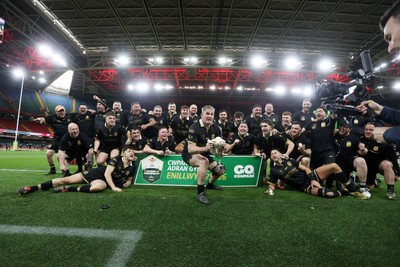120426 - Blaina v Abercrave - Mens Division One Cup Final - Michael John lifts the trophy alongside team mates