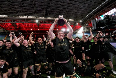 120426 - Blaina v Abercrave - Mens Division One Cup Final - Michael John lifts the trophy alongside team mates