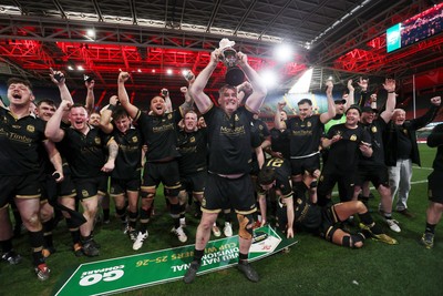 120426 - Blaina v Abercrave - Mens Division One Cup Final - Michael John lifts the trophy alongside team mates