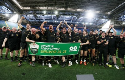 120426 - Blaina v Abercrave - Mens Division One Cup Final - Michael John lifts the trophy alongside team mates