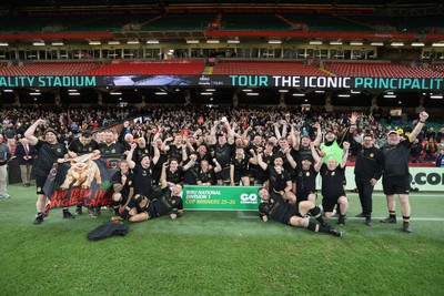 120426 - Blaina v Abercrave - Mens Division One Cup Final - Michael John lifts the trophy alongside team mates