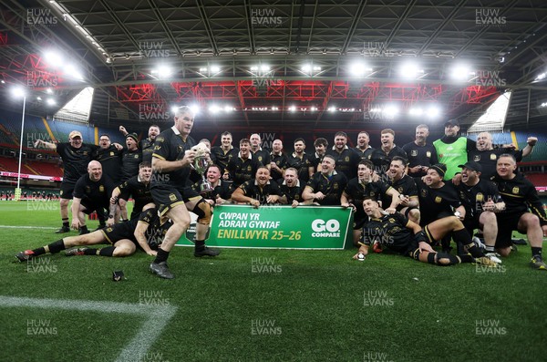 120426 - Blaina v Abercrave - Mens Division One Cup Final - Michael John lifts the trophy alongside team mates