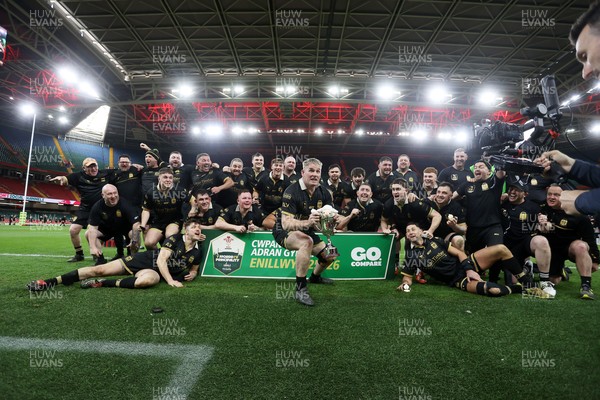 120426 - Blaina v Abercrave - Mens Division One Cup Final - Michael John lifts the trophy alongside team mates