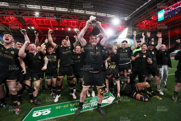 120426 - Blaina v Abercrave - Mens Division One Cup Final - Michael John lifts the trophy alongside team mates