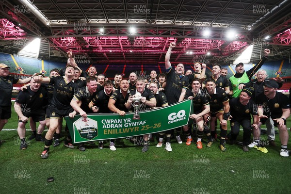 120426 - Blaina v Abercrave - Mens Division One Cup Final - Michael John lifts the trophy alongside team mates