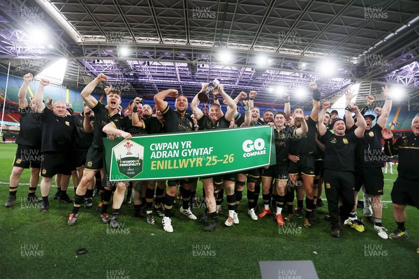 120426 - Blaina v Abercrave - Mens Division One Cup Final - Michael John lifts the trophy alongside team mates