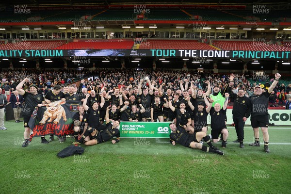120426 - Blaina v Abercrave - Mens Division One Cup Final - Michael John lifts the trophy alongside team mates