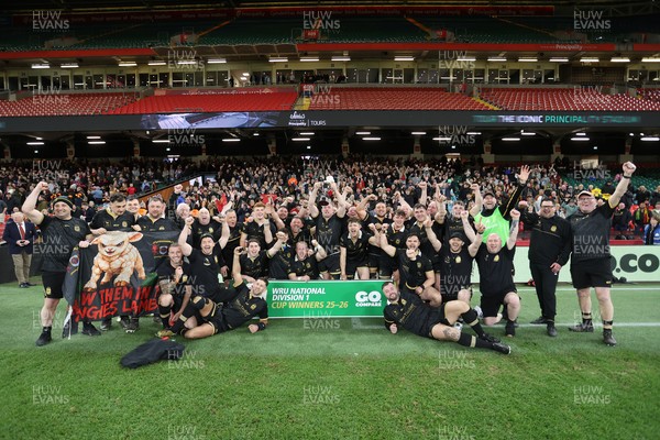 120426 - Blaina v Abercrave - Mens Division One Cup Final - Michael John lifts the trophy alongside team mates