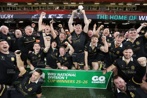 120426 - Blaina v Abercrave - Mens Division One Cup Final - Michael John lifts the trophy alongside team mates