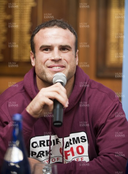 241012 -  Cardiff Blues - Meet the Players -  Members of the Cardiff Blues Supporters club ask players questions during a question and answer session Pictured is Jamie Roberts 