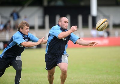 04.08.08 - Cardiff Blues Ben Blair and Gareth Williams take part in an open training session at Pontypridd's Sardis Road 