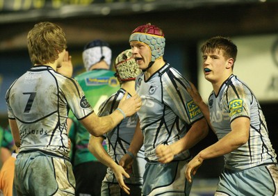 290212 Cardiff Blues South U16 v Ospreys U16 - Regional Age Grade Competition Final -Blues' Bradley Mais celebrates scoring a try