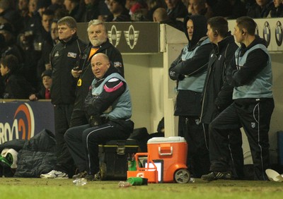 100212 Cardiff Blues v Connacht - RaboDirect PRO 12 -Blues' physio Tim Atter(C) looks on during his final match with The Cardiff Blues