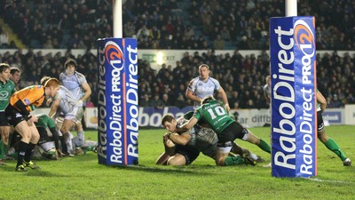 100212 - Cardiff Blues v Connacht, Cardiff Arms Park, RaboDirect PRO12 - Blues Sam Hobbs powers over to score try 