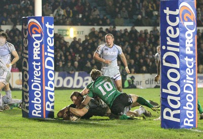 100212 - Cardiff Blues v Connacht, Cardiff Arms Park, RaboDirect PRO12 - Blues Sam Hobbs powers over to score try 