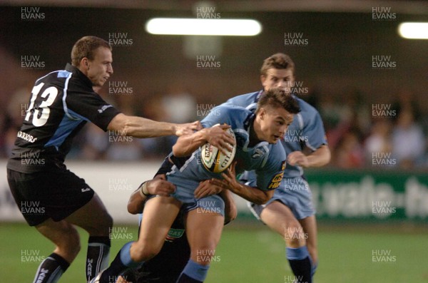 220906  Cardiff Blues v Glasgow  Chris Czekaj is tackled by Dan Parks and Andrew Henderson  