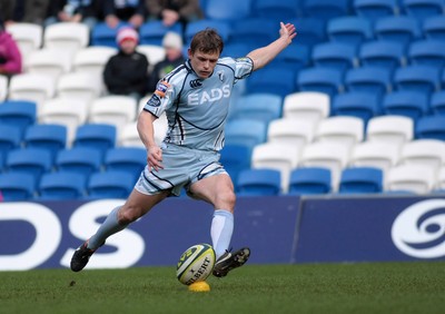 05.02.12 Cardiff Blues v Harlequins - LV=Cup -.Blues' Ben Blair kicks a penalty.