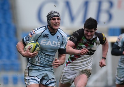 05.02.12 Cardiff Blues v Harlequins - LV=Cup -.Blues' Tom James races away to score a try.