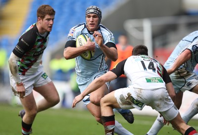 05.02.12 - Cardiff Blues v Harlequins, LV= Cup -.Blues Tom James takes on Harlequins Seb Stegmann .