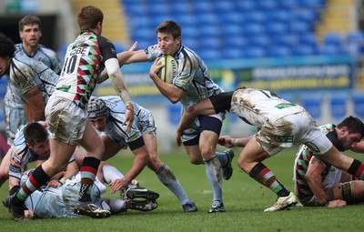 05.02.12 - Cardiff Blues v Harlequins, LV= Cup -.Blues Richard Mustoe takes on Harlequins Rory Clegg  and Harlequins Seb Stegmann .