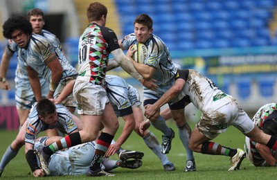 05.02.12 - Cardiff Blues v Harlequins, LV= Cup -.Blues Richard Mustoe takes on Harlequins Rory Clegg  and Harlequins Seb Stegmann .