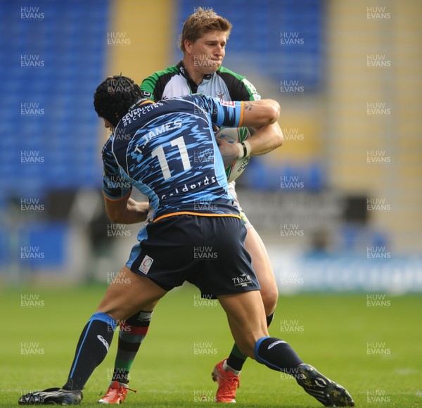 10.10.09 - Cardiff Blues v Harlequins - Heineken Cup - David Strettle of Harlequins takes on Tom James of Cardiff Blues. 