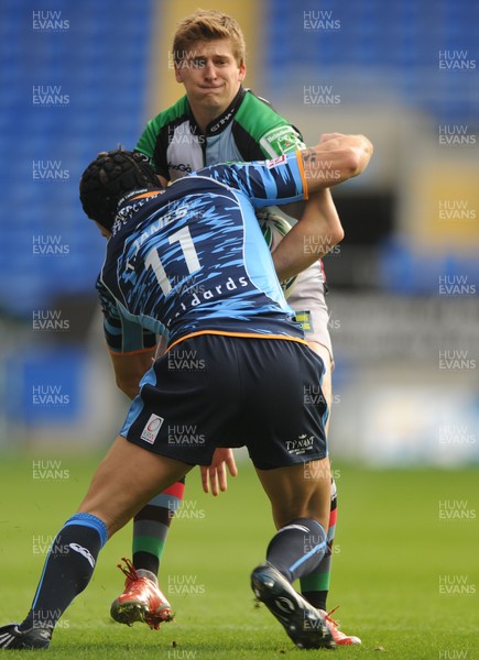 10.10.09 - Cardiff Blues v Harlequins - Heineken Cup - David Strettle of Harlequins takes on Tom James of Cardiff Blues. 