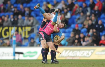 07.03.10 - Cardiff Blues v Leinster - Magners League - Shaun Berne of Leinster is dumped by Ceri Sweeney of Cardiff Blues. 