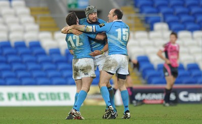 07.03.10 - Cardiff Blues v Leinster - Magners League - Fergus McFadden, Kevin McLaughlin and Girvan Dempsey of Leinster celebrate win. 