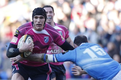 07.03.10 Cardiff Blues v Leinster - Magners League - Blues' Tom James tried to hand off Leinster's Girvan Dempsey. 