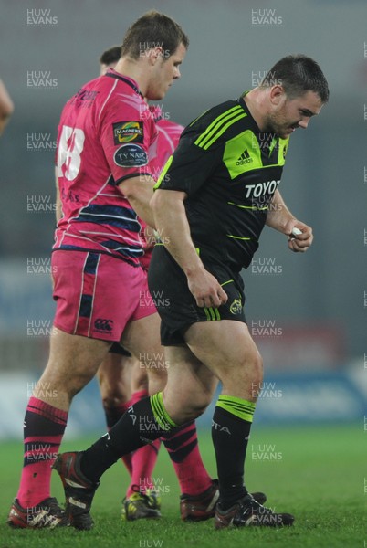 25.03.11 - Cardiff Blues v Munster - Magners League - Sam Hobbs of Cardiff Blues and Damien Varley of Munster leave the field after being shown yellow cards. 