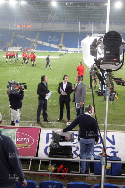 25.03.11 Cardiff Blues v Munster... BBC Wales sport at the game...l-r Gareth Lewis, Rhys Williams and Mike Hall. 