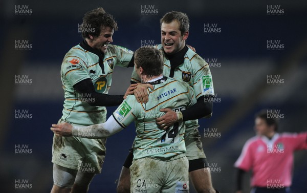 19.12.10 - Cardiff Blues v Northampton Saints - Heineken Cup - Stephen Myler of Northampton celebrates win at the end of the game with Chris Ashton(14) and Lee Dickson(L). 