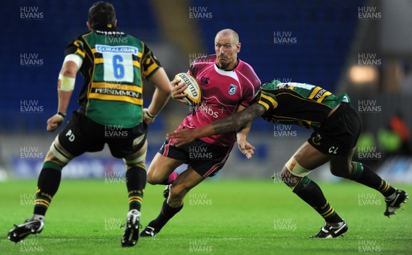 28.08.09 - Cardiff Blues v Northampton Saints - Pre-Season Friendly - Gareth Thomas of Cardiff Blues is stopped by the Saints defence. 