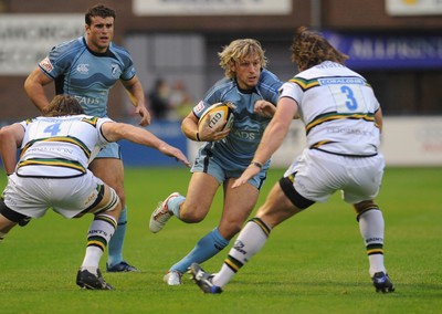 29.08.08 - cardiff Blues v Northampton Saints Blues' Jamie Robinson tries to get past Matt Lord and Barry Stewart 