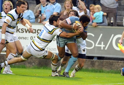 29.08.08 - cardiff Blues v Northampton Saints Blues' Aled Brew is held just short of the line 