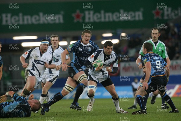 16.01.10. Cardiff Blues v Sale Sharks... Sale Sharks' Nick MacLeod takes on Richie Rees. 