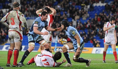 26.03.10 - Cardiff Blues v Ulster - Magners League - Blues' Maama Molitika celebrates his try with Andries Pretorius. 