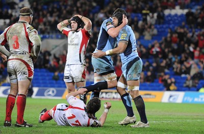 26.03.10 - Cardiff Blues v Ulster - Magners League - Blues' Maama Molitika celebrates his try with Andries Pretorius. 