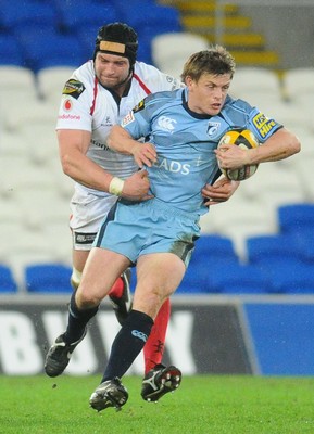 26.03.10 - Magners League Rugby, Cardiff Blues v Ulster Rugby Blues' Ben Blair is tackled by Ulster's Dan Tuohy 