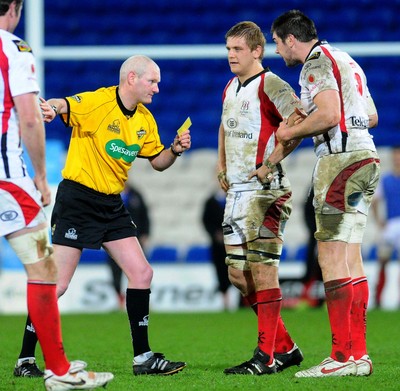 26.03.10 - Magners League Rugby, Cardiff Blues v Ulster Rugby Ulster's Ryan Caldwell (R) is sin binned by referee Neil Paterson, Ulster's Chris Henry looks on 