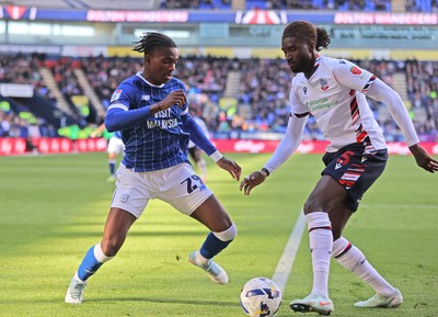 251025 - Bolton Wanderers v Cardiff City - Sky Bet League 1 - Tanaswa Nyakuhwa of Cardiff and Richard Taylor of Bolton