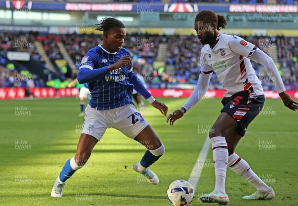 251025 - Bolton Wanderers v Cardiff City - Sky Bet League 1 - Tanaswa Nyakuhwa of Cardiff and Richard Taylor of Bolton