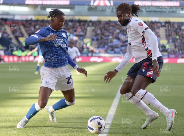 251025 - Bolton Wanderers v Cardiff City - Sky Bet League 1 - Tanaswa Nyakuhwa of Cardiff and Richard Taylor of Bolton