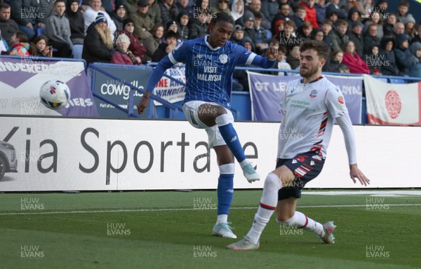 251025 - Bolton Wanderers v Cardiff City - Sky Bet League 1 - Tanaswa Nyakuhwa of Cardiff-and George Johnston of Bolton