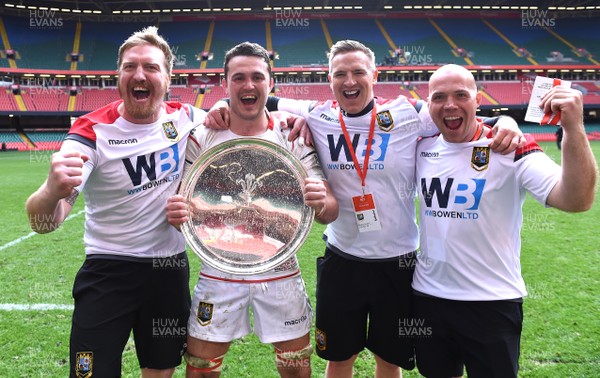 280419 - Bonymaen v Brecon - WRU National Plate Final - Andy Powell, Ewan Williams, Matthew J Watkins and Matthew Lewis of Brecon with the trophy